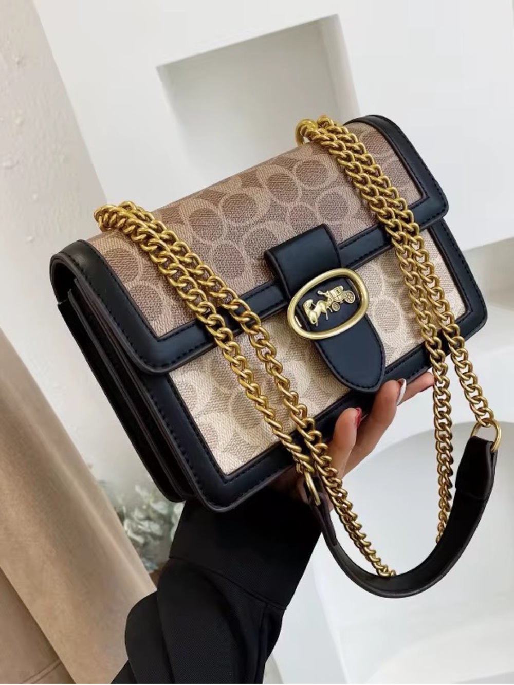 Beige and Black Chain Shoulder Bag